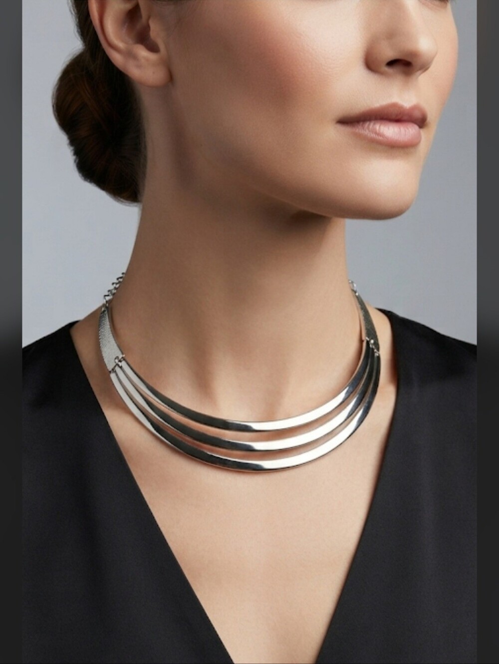 Silver-tone 3-Bar Triple-Tier Modernist Collar Choker Necklace - Hinged Sides